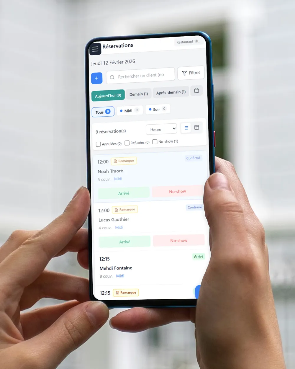 ReservFlow mobile app displaying today's reservations on a smartphone