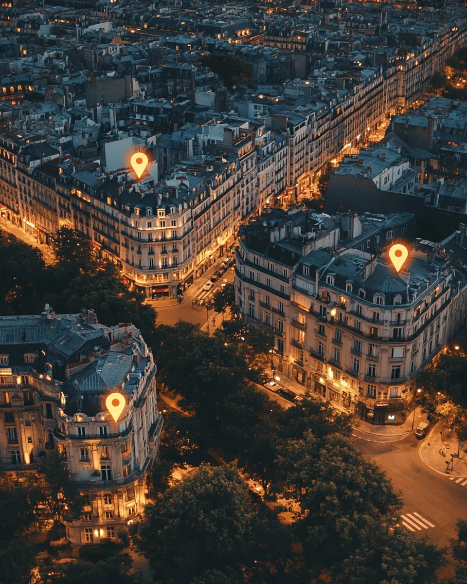 Aerial view of a French city with multiple restaurants connected in a network
