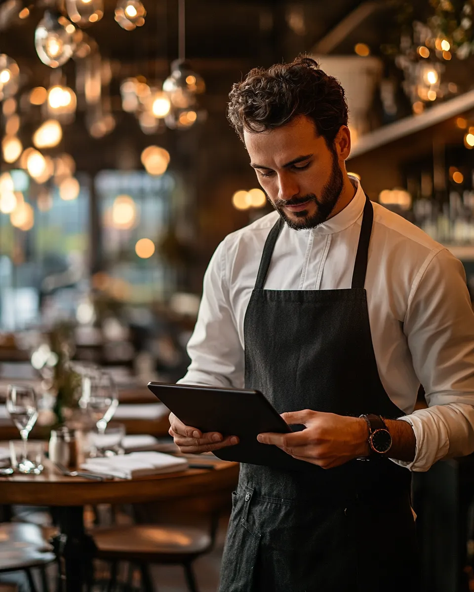 Restaurateur managing reservations on a tablet in their restaurant