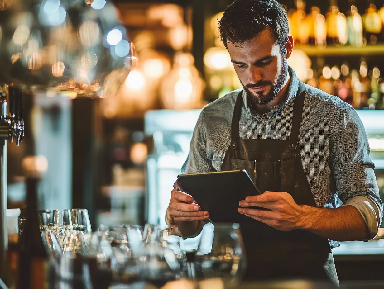 Restaurant owner checking reservations on a tablet at his restaurant counter