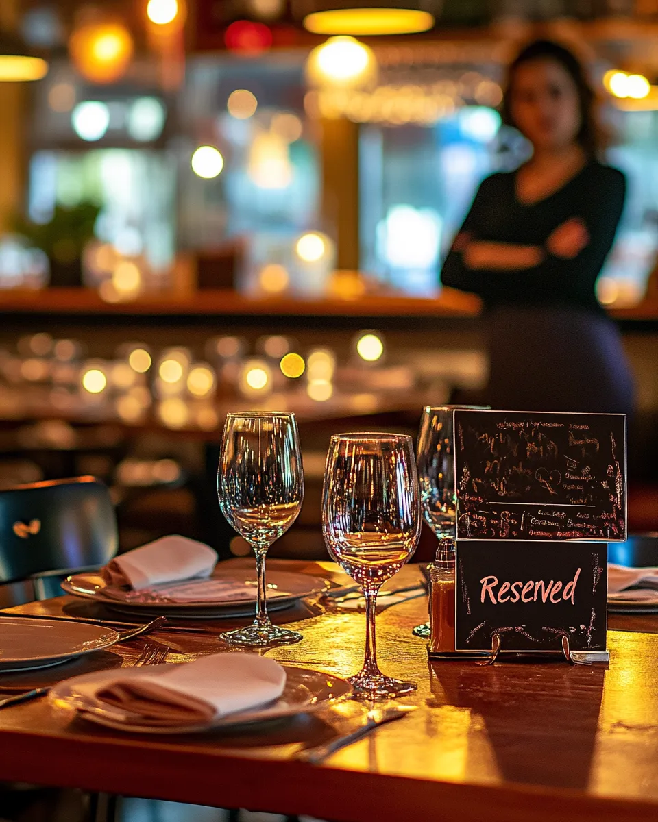 Confident restaurateur behind her counter with a reserved sign