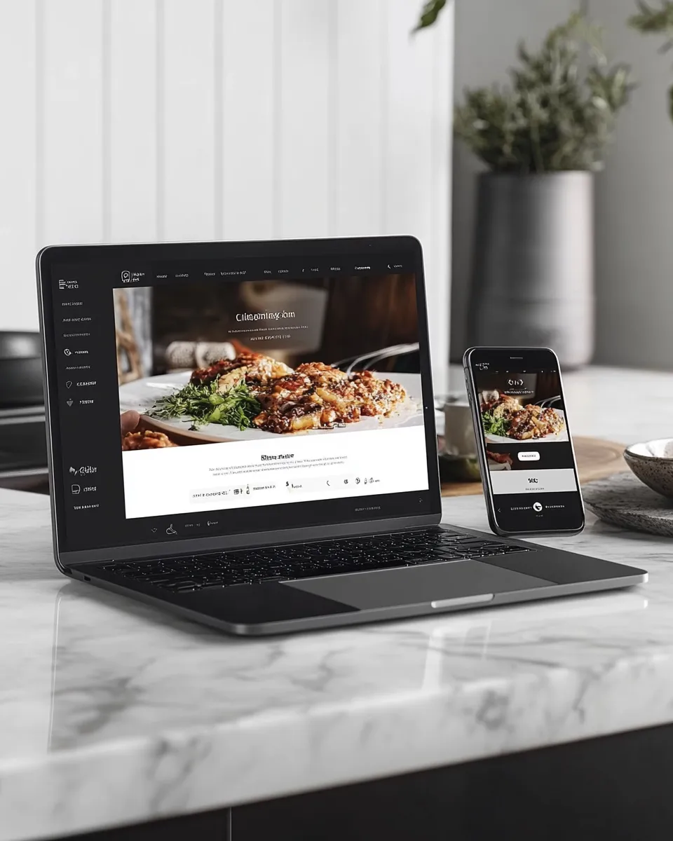 Restaurant website displayed on a laptop and smartphone on a marble counter