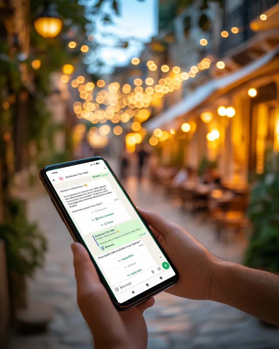 Customer booking a restaurant table via WhatsApp on their smartphone